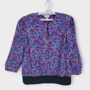 Vintage Blouse CB New York Womens 20 80s 90s Blouson Popover Floral Made in USA